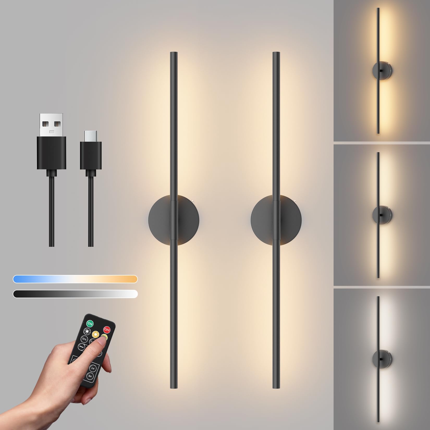 Photo 1 of Tipace Battery Operated Wall Sconce with Remote Control,Wall Sconces Set of Two,3000K-6000K LED Wall Light for Bedroom,Hallway,Background Wall,350°Rotate,28 Inch,Black(2 Pack)