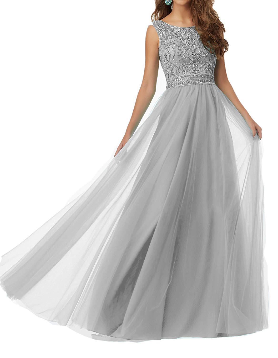 tutu.vivi Women's Open Back Tulle Long Prom Dresses Sleeveless Beaded