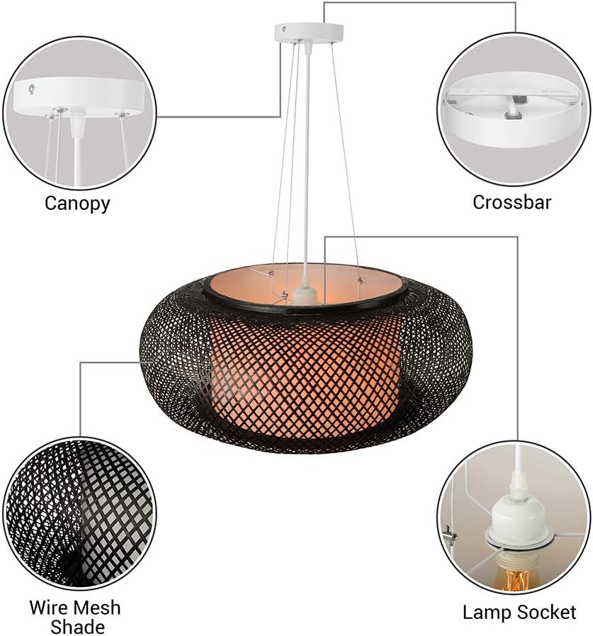LITFAD Black Lantern Pendant Lighting LED Hanging Lamp Modern Weave Single Light Pendant Lamp Ceiling Hanging Light with Adjustable Cord for Restaurant Dining Room Bedroom - 16" - - 