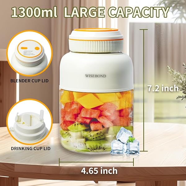 WISEBOND PORTABLE SMOOTHIE BLENDER FOR SHAKES & SMOOTHIES 43OZ 1300ML LARGE CAPACITY CORDLESS JUICER CUP SHARP BLADES POWERFUL BLENDING JUICE VEGETABLE CRUSH SMALL ICE FOR KITCHEN GYM OUTDOOR