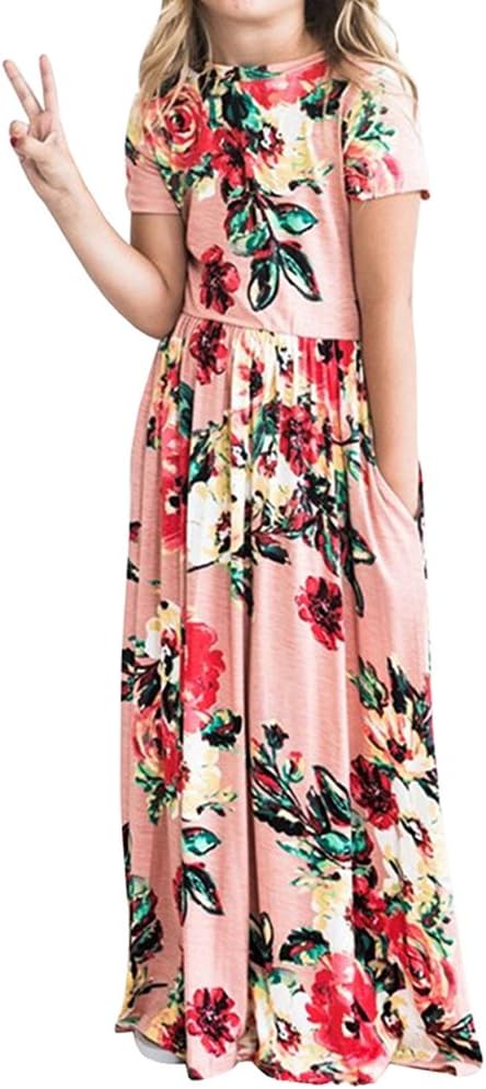 YIJODMGirls Floral Maxi Dress, Flower Printed Short Sleeves Dress with Pockets Summer Long Holiday Dress