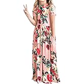 YIJODM Girls Floral Maxi Dress, Flower Printed Short Sleeves Dress with Pockets Summer Long Holiday Dress