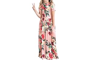 YIJODM Girls Floral Maxi Dress, Flower Printed Short Sleeves Dress with Pockets Summer Long Holiday Dress