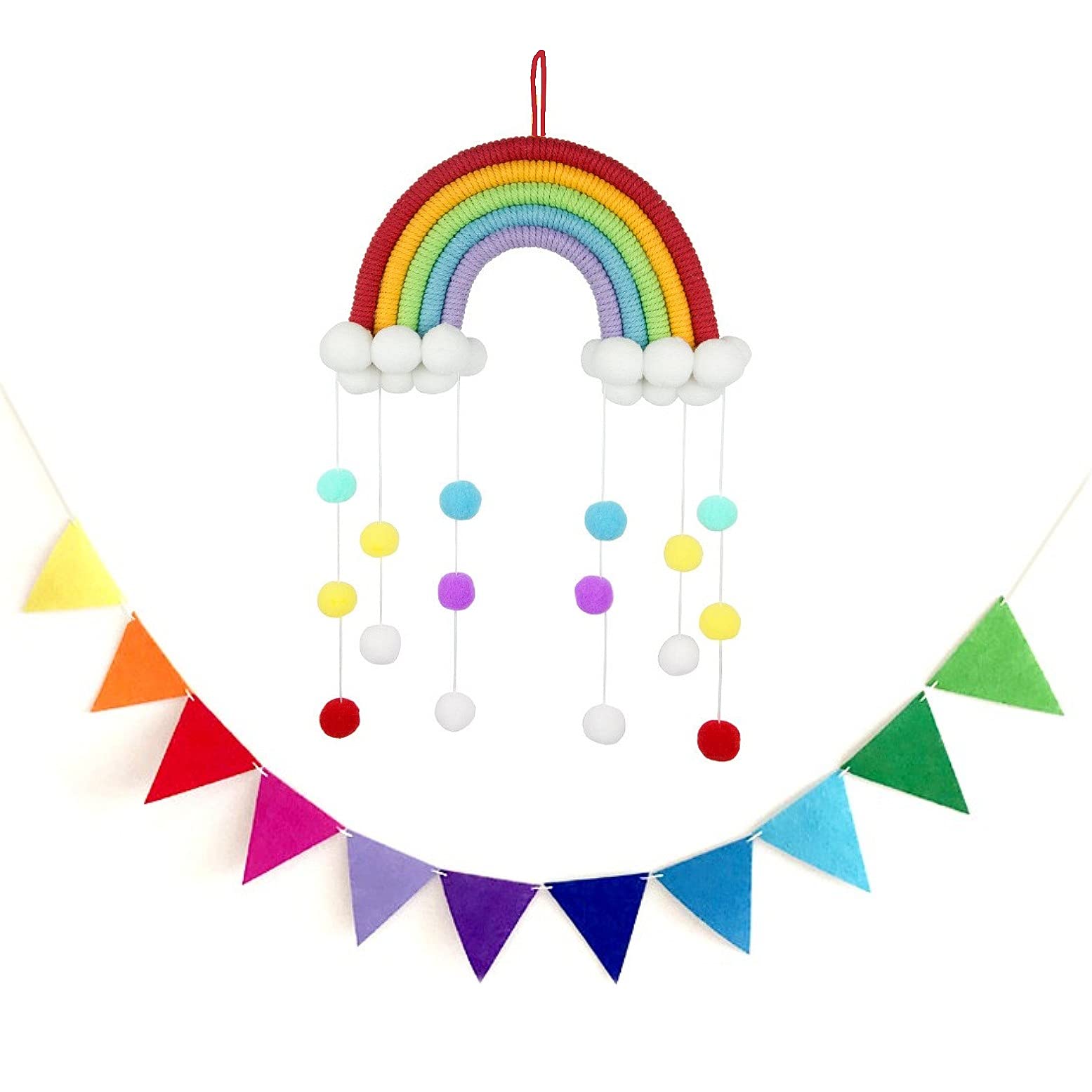 JZK Macrame Rainbow with pom poms Wall Hanging Decorations, Woven Rainbow Cloud Wall Ornaments with Bunting for Kids Bedroom Wall Nursery Baby Room Decor