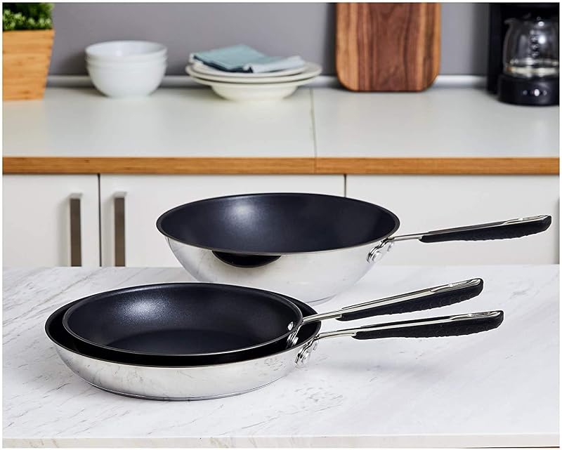 3-teiliges Pfannenset mit Wok, Keramik-Edelstahl-Set mit 24,0-cm- und 28,0-cm-Bratpfanne und 28,0-cm-Wok, Induktion, Spülmaschinenfest