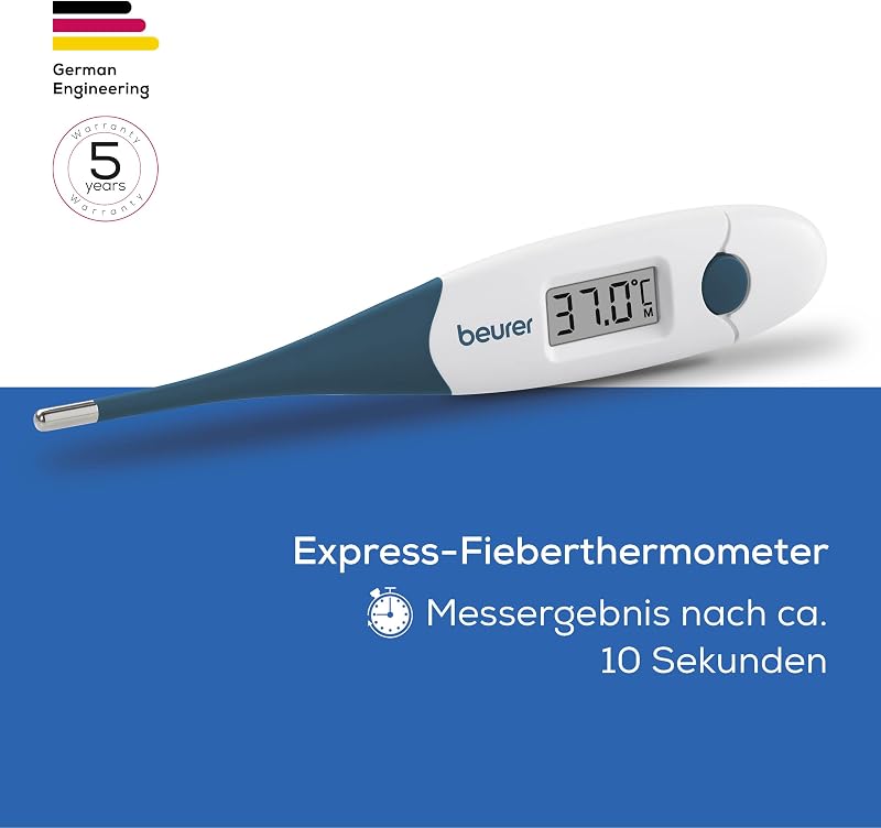 FT 17 digitales Fieberthermometer, Thermometer mit flexibler Messspitze für orale, rektale & axillare Messung, Messergebnis in 10 s, Fieberindikator, für Babys, Kinder und Erwachsene, Blau-weiß
