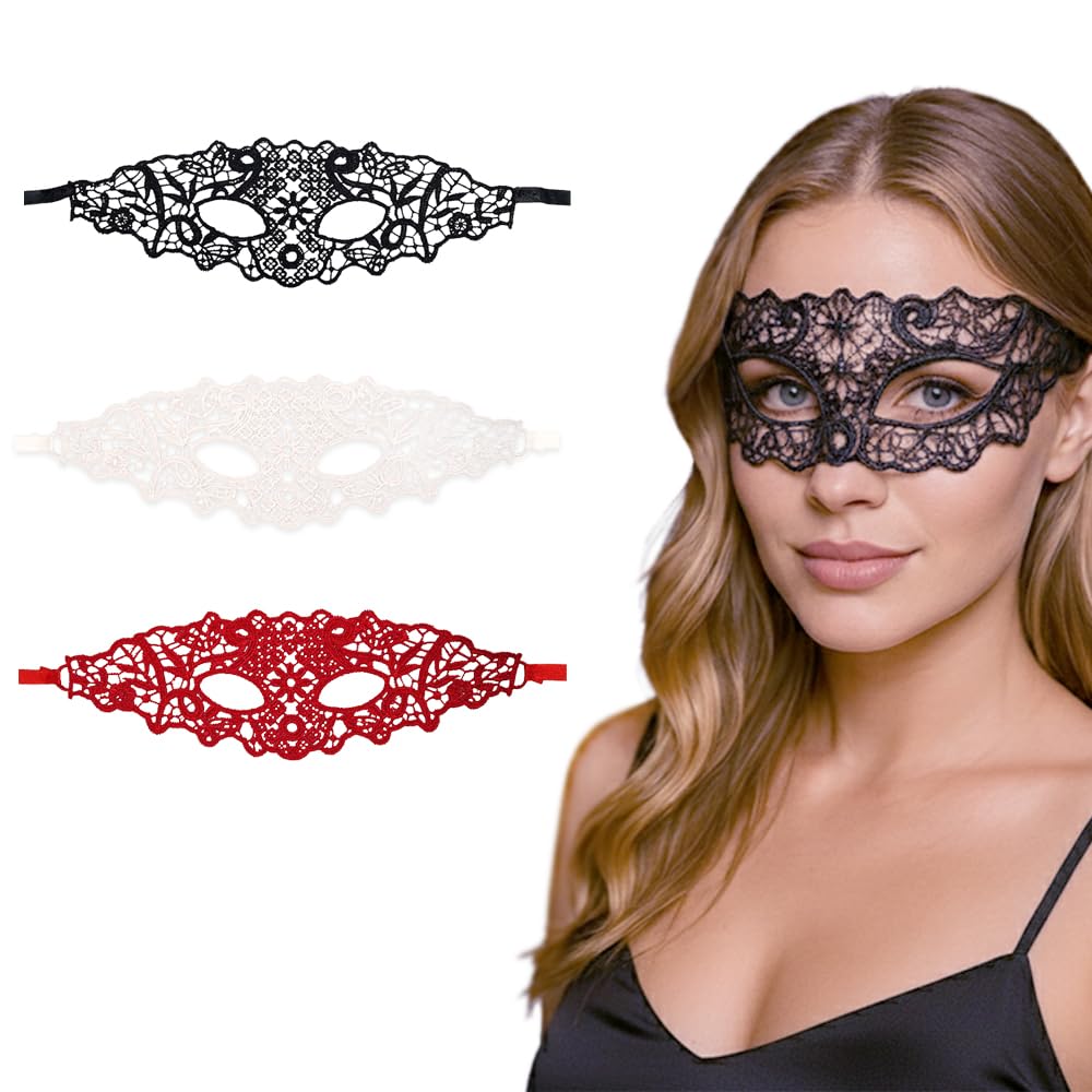 Komonee 3 x Lace Mask Adult Halloween Venetian Masquerade New Years Eve Eyemask Costume Party Unisex Fancy Dress Outfit