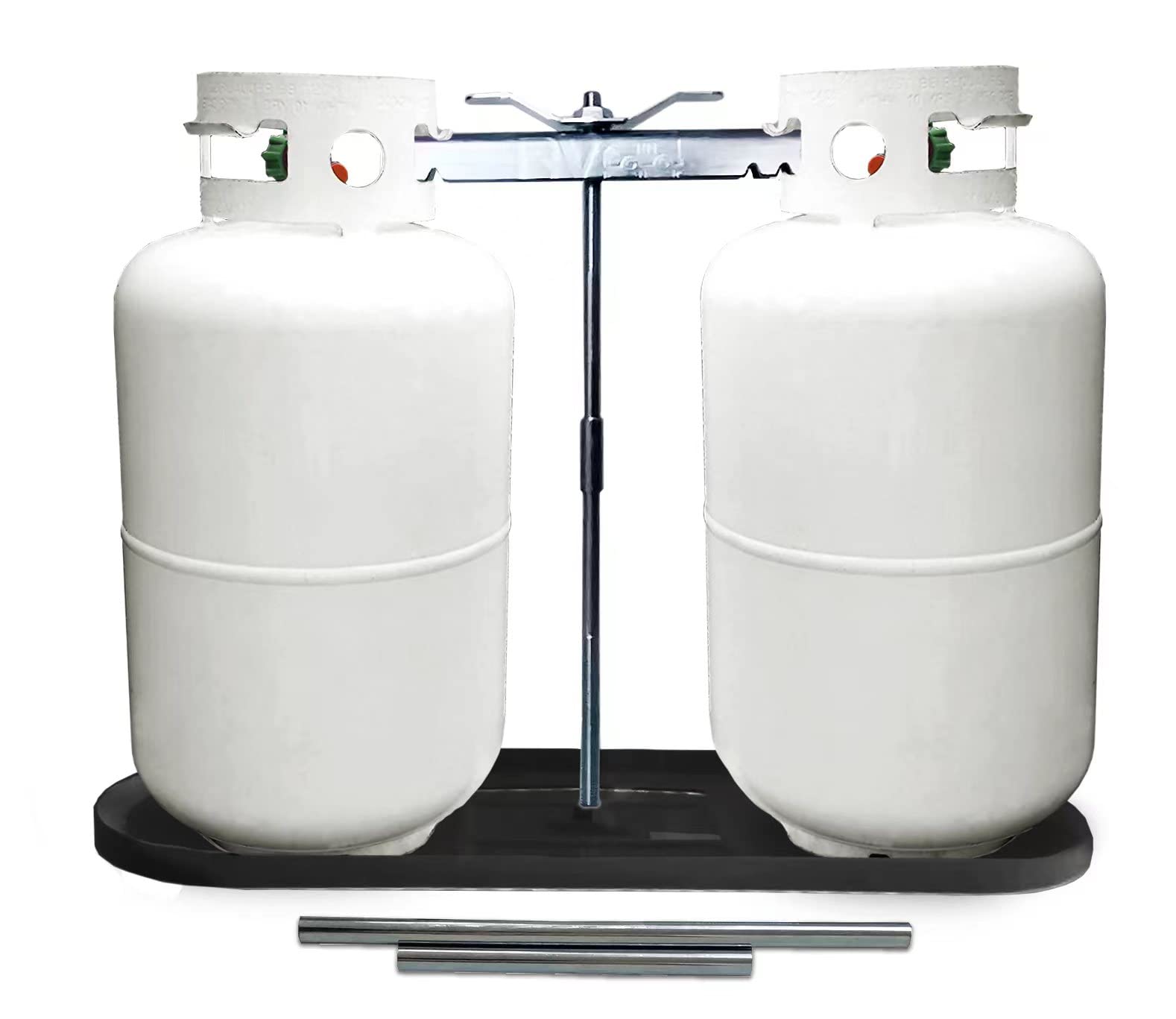 Photo 1 of RVPNR RV Dual Propane Tank Mounting Rack 40lb,30lb and 20ld Tanks for Camper and Travel Trailers with Different Connecting Pipes, Black, White, Grey or Red Options (Black)
