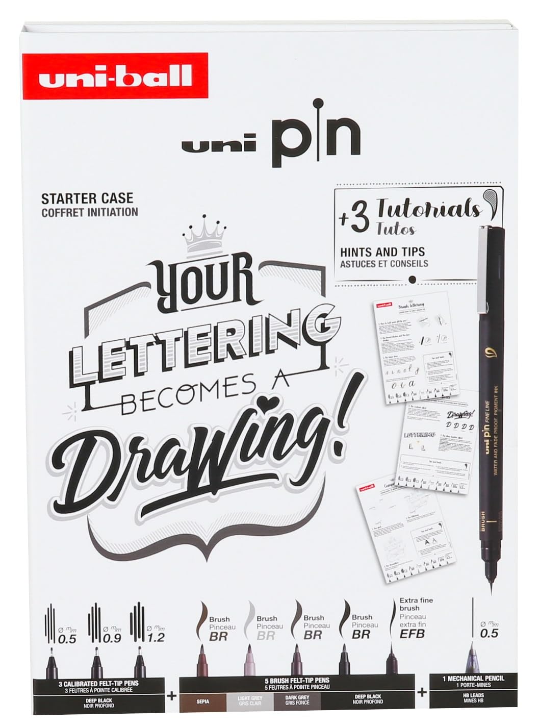 uni-ball PIN Black Ink Felt Tip Pen Fineliners. Lettering Starter Set. Includes 3 Fineliners, 5 Brush Tips, 1 Mechanical Pencil. Water and Fade Resistant Ink for Manga, Calligraphy, Technical Drawing — image 1