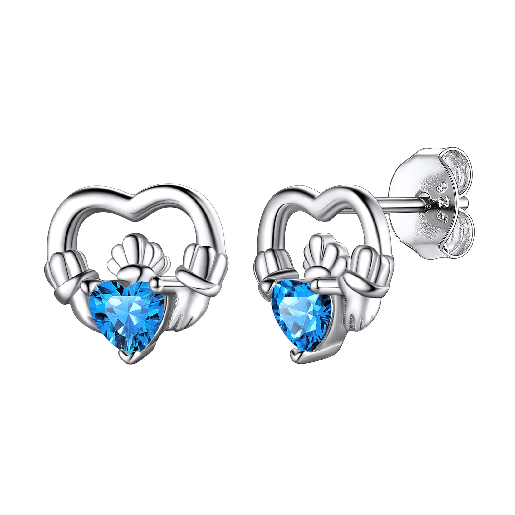 Hypoallergenic 925 Sterling Silver Claddagh Celtic Knot December Birthstone Blue Earrings, Birth Stone Jewelry Dainty Cute Stud Heart Shaped Hoop Earrings for Women Teen Girls