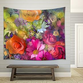 Still Life of Yellow and red Colour Flowers .Oil Painting a Bouquet of Rose - Fabric Wall Tapestry Home Decor - 51x60 inches