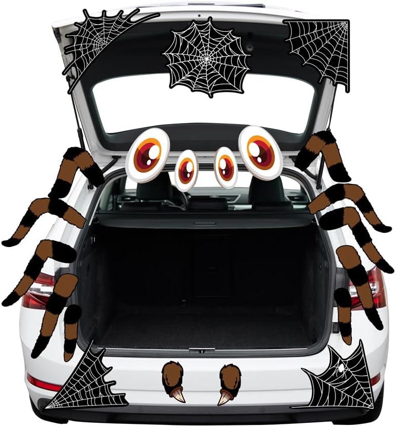 Garage Door Decorations - UPSINGK Halloween Spider Trunk or Treat Car Decoration, Treat Archway Garage Decoration with Eyes, Fangs, Ears, Wings and Double Side Stickers for Halloween Home Party Outdoor Decor