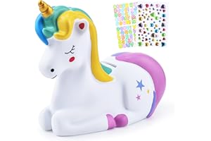 PJDRLLC Piggy Bank Girls: Unicorn Piggy Banks - Unbreakable Plastic Coin Money Bank with Alphabet Stickers - Rainbow