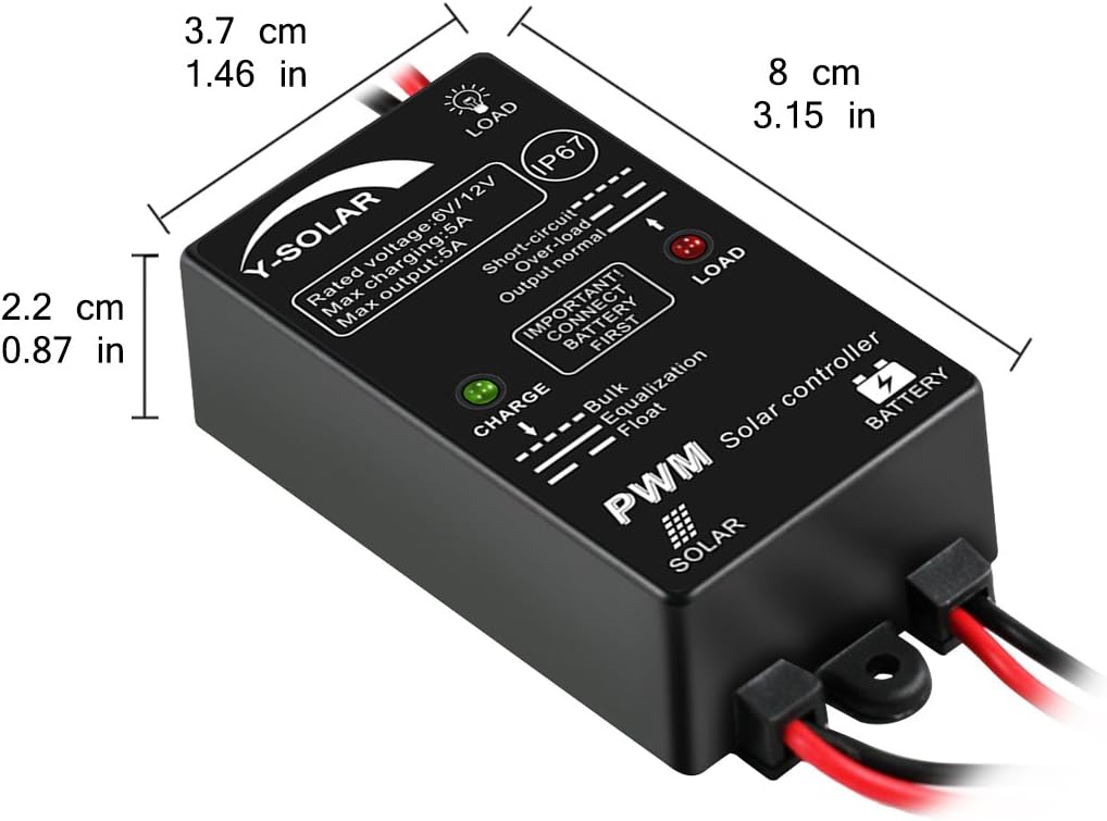 5A Waterproof Solar Charge Controller 6V 12V Auto, 5 amp Solar Panel Charging Regulator IP67 Waterproof 24Hours Load on for Lead-Acid (AGM Gel Seal Foolded) Battery : Garden & Outdoor