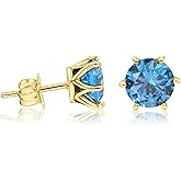 Stud Earrings with Blue CZ Gemstone in 14k Yellow Gold Plated - December Birthstone Round 7mm Natural Cubic Zirconia Stone Studs, Handmade Earrings, Simple Dainty Jewelry Birthday Gift for Women