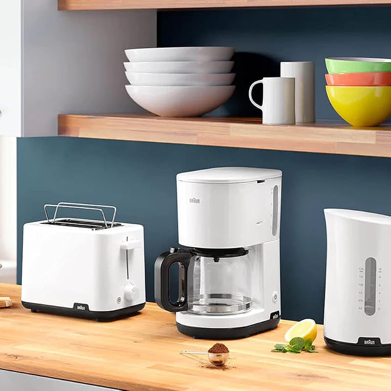 Casa Pequeno-Almoço1 Cafeteira com Filtro, AromaCafe, Sistema OptiBrew, Desligamento Automático, Máquina de Café até 10 Chávenas, Garrafa de Vidro Apta para Máquina de Lavar Loiça, 1000W, Branca, KF1100WH