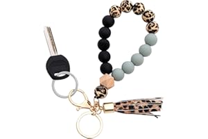 BAOSIWA Silicone Key Ring Bracelet Wristlet Keychain Unique Beaded Bangle Key Chains for Women with Leather Tassel
