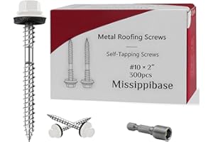 MISSIPPIBASE Metal Roofing Screws #10 × 2 Inch, 300 PCS,White Painted Hex Head Sheet Metal Roof Screws,Rubber Washer,Sharp Point,Self Starting Metal to Wood Siding Screws, EPDM Washer,Hex Socket Included