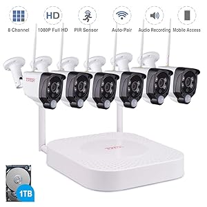 ?Audio Recording? Tonton 1080P Full HD Security Camera System Wireless,8CH NVR Kit with 1TB HDD and 6PCS 2.0 MP Outdoor Indoor Bullet IP Cameras with PIR Sensor,Auto-Pair,Plug and Play,Super Vision