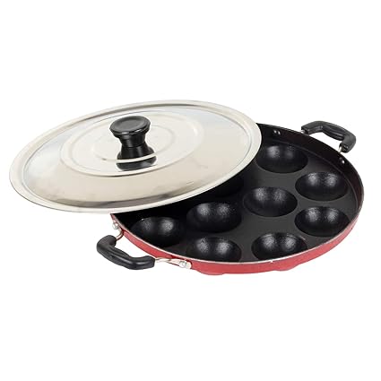 EuroSleek 12 Cavities Non Stick Appam Patra with Lid,Red (Paniyarrakal/Paniyaram/Appam Pan