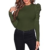 Remidoo Women's Solid Round Neck Puff Long Sleeve Slim Fit T Shirt Tops
