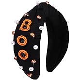 NVENF Halloween Headband Accessories for Women Crystal Pearl Knotted Headband Embellished Beaded Pumpkin Candy Corn Boo Headbands Rhinestone Jeweled Wide Top Knot Hairband Costume Party Favors (BOO)