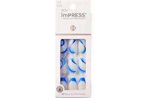 KISS imPRESS No Glue Mani Press On Nails, Design, 'Mesmerize', Blue, Medium Size, Coffin Shape, Includes 30 Nails, Prep Pad, Instructions Sheet, 1 Manicure Stick, 1 Mini File
