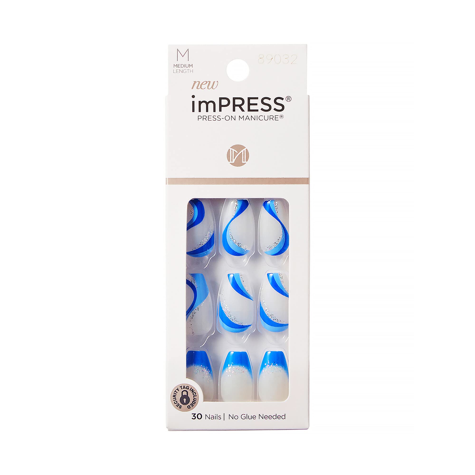 KISS imPRESS No Glue Mani Press On Nails, Design, 'Mesmerize', Blue, Medium Size, Coffin Shape, Includes 30 Nails, Prep Pad, Instructions Sheet, 1 Manicure Stick, 1 Mini File