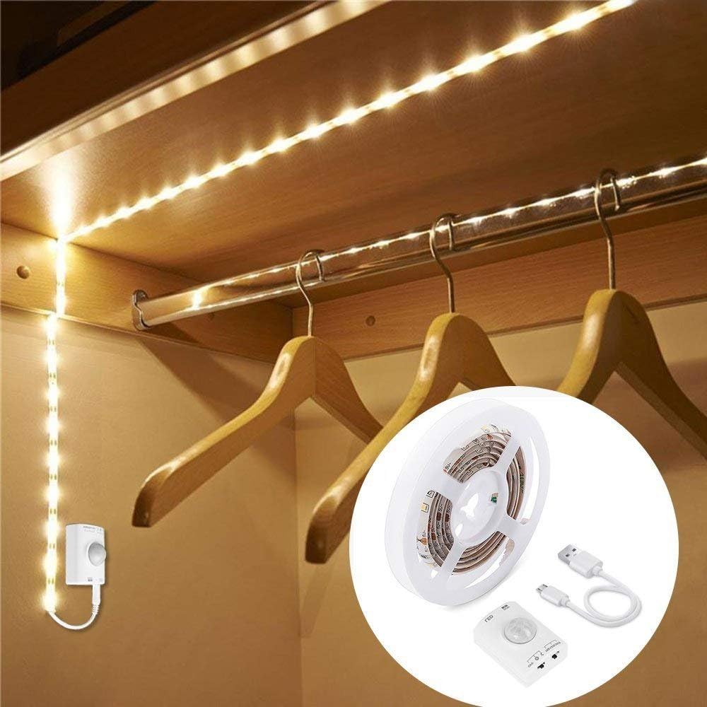 Rechargeable Wardrobe Lights, OriFiil 1M 30LED LED Strip Lights,Motion Sensor Activated,Auto on/Off and Timer,3000K Warm White for Closet,Under Cabinet,Cupboard,Bathroom,Bed Wake Up Night Lights