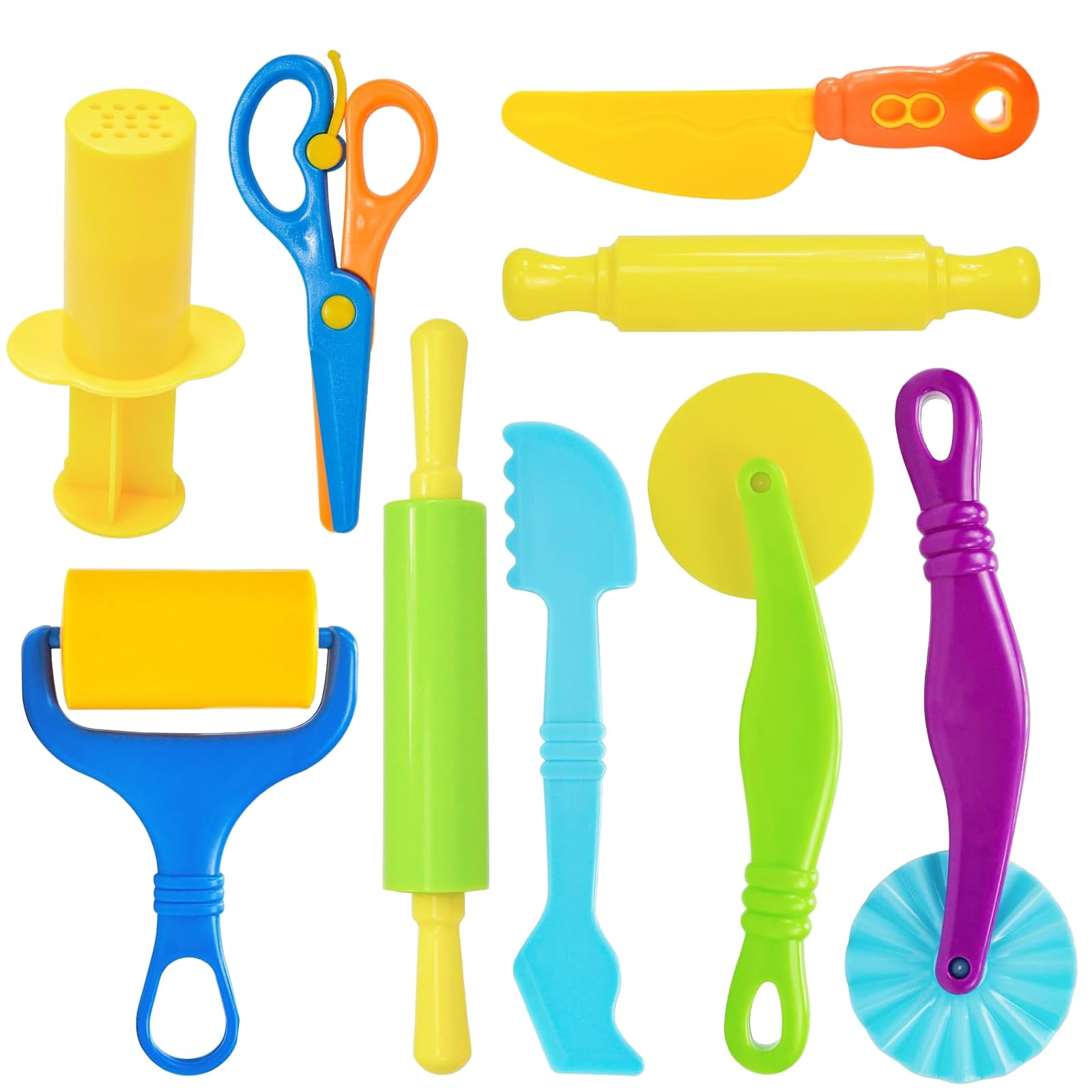 Playdough Tool Set, 9 Pcs Play Dough Tools Sets for Kids, Basic Play Dough Tools Starter Set for Kids Playdough Accessories Includes Cutters Roller, Rolling Pins, Safety Scissors, Plastic Knife