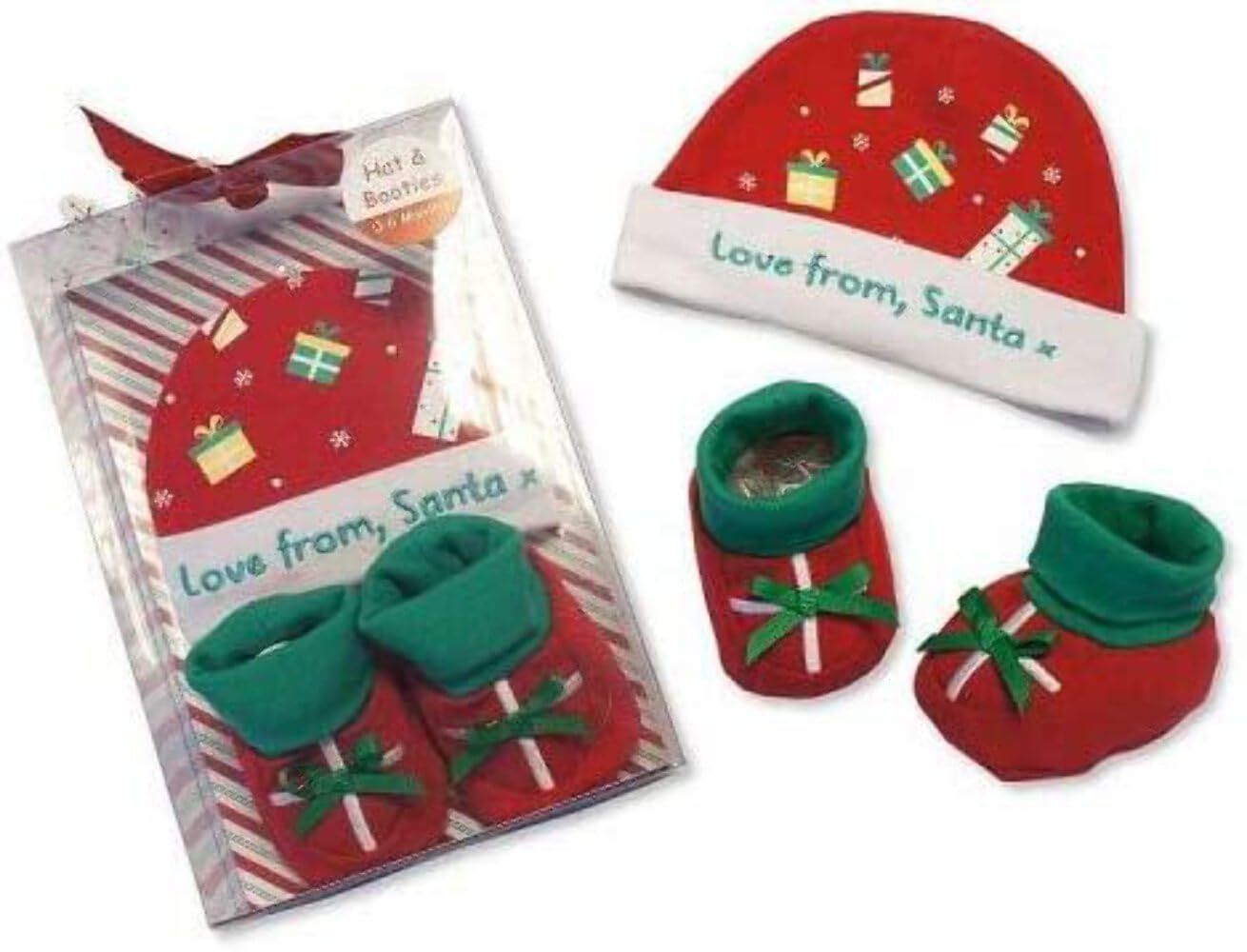 Baby Hat and Booties gift set - 'Love From Santa'. 0-6 Months. Red, White and Green. Comes in a gift box.