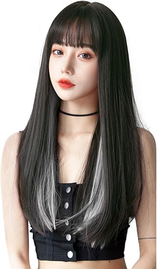 Amazon Co Jp Feshfen ウィッグ ロング ストレート 黒髪 ぱっつん前髪 インナーカラー かつら レディース フルウィッグ ハロウィン 原宿 Wig 自然 小顔効果 服 ファッション小物
