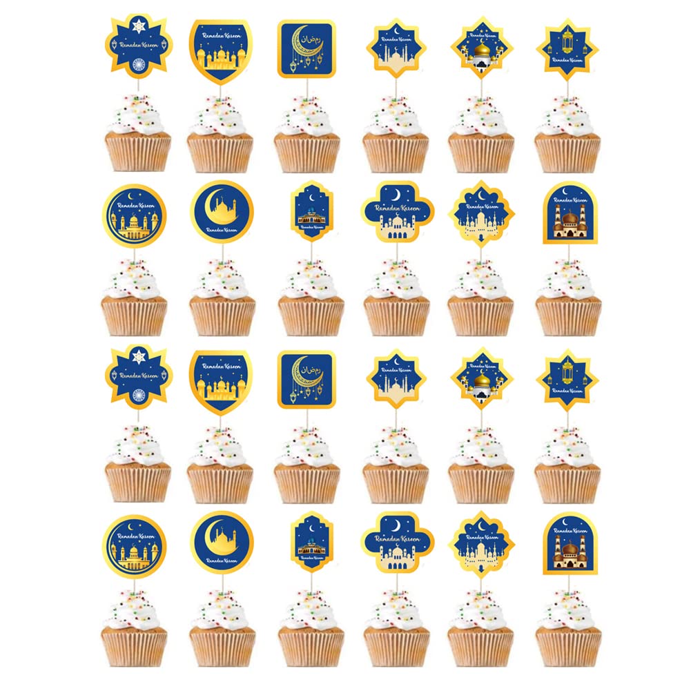 24PCS Ramadan Kareem Cake Toppers Muslim Ramadan Cupcake Topper for Eid Party Cake Decorations Ramadan Party Supplies