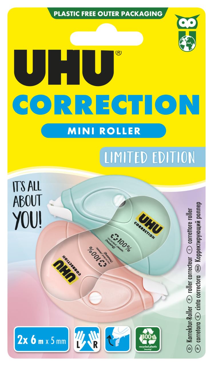 UHU Pastel Mini Correction Tape - Fast, Clean and Accurate Correction Tape, White, 2 x 6m x 5mm