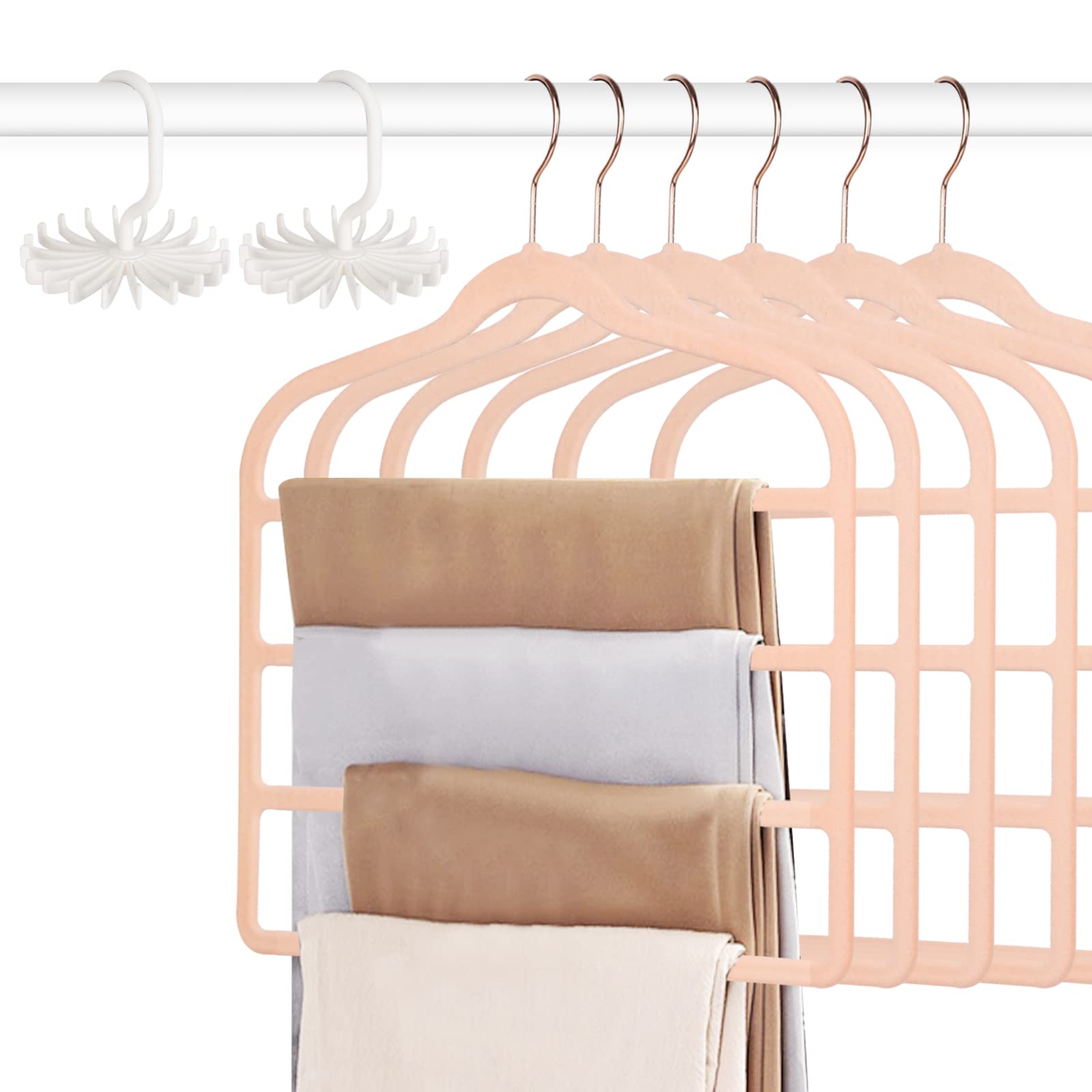 Tinfol Velvet Pants Hanger Space Saving with Hook, 6pc 4 Layers Non-Slip Jeans Hangers, Pink Multiple Clothes Hangers Closet Storage Organizer forJeans Scarf Towels Tie Towel