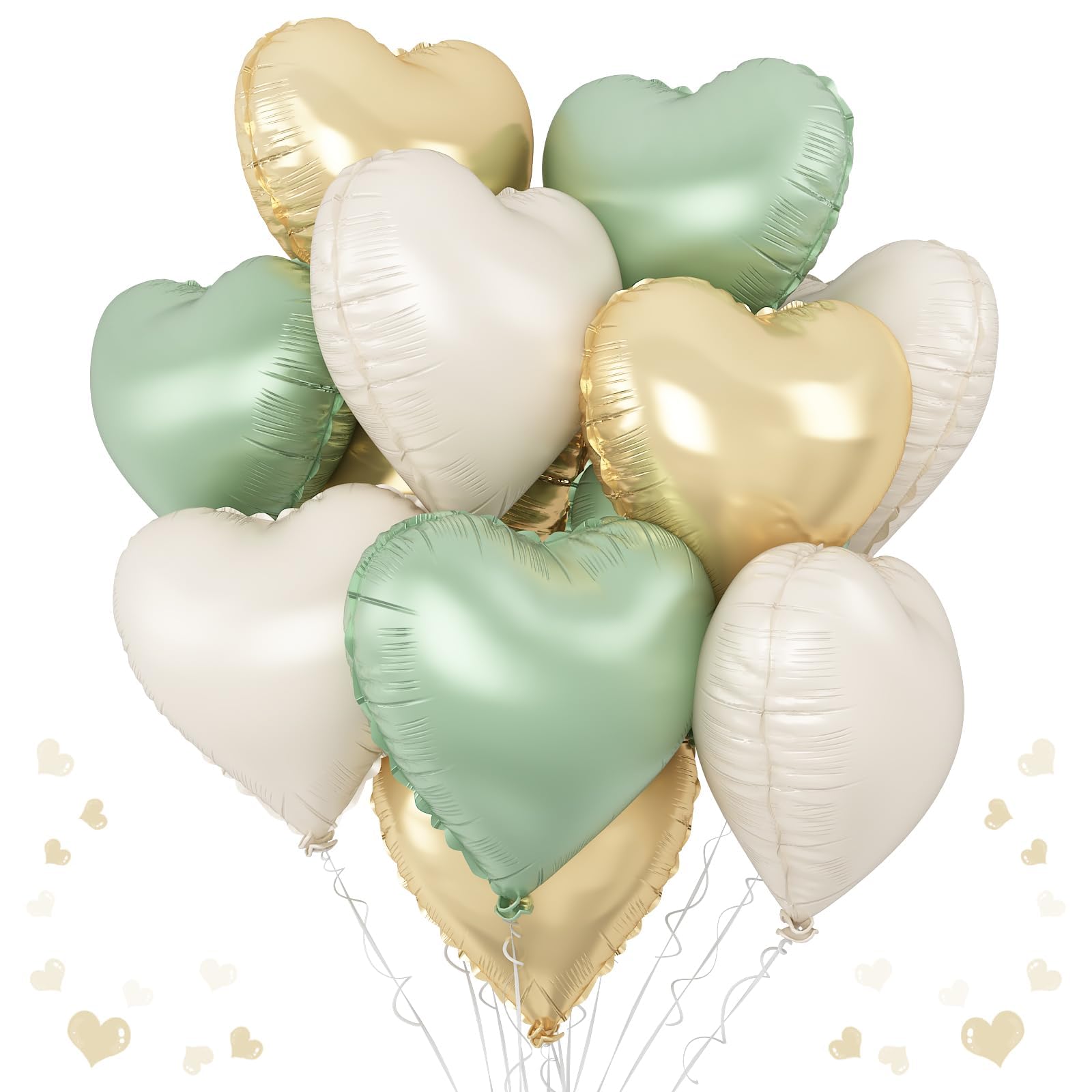 Sage Green Gold Heart Balloons, 12PCS Green Gold Heart Shaped Foil Balloons, 18Inch Green Cream White Heart Helium Foil Balloon for Jungle Woodland Birthday Wedding Baby Shower Party Decoraion — image 1
