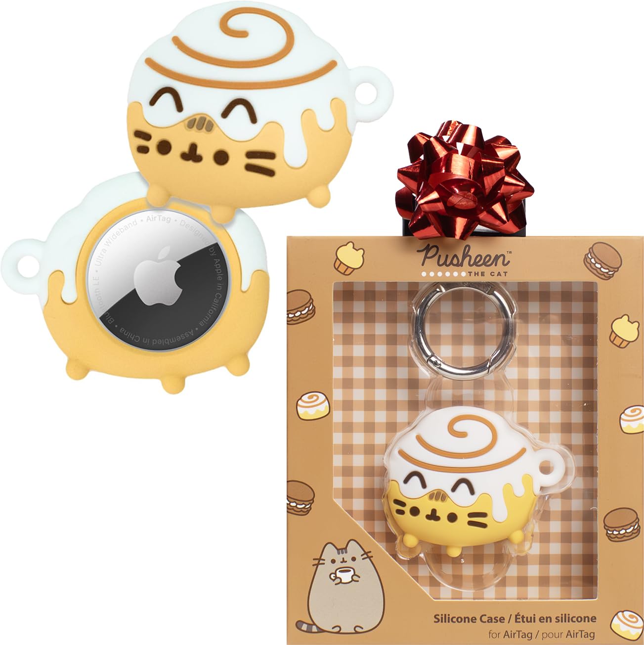 iFace x Pusheen Café Series Silicone Protective Cover Designed for Apple AirTags [Cute Character Case] [Carabiner Keychain Clip Included] - Cinnamon Roll
