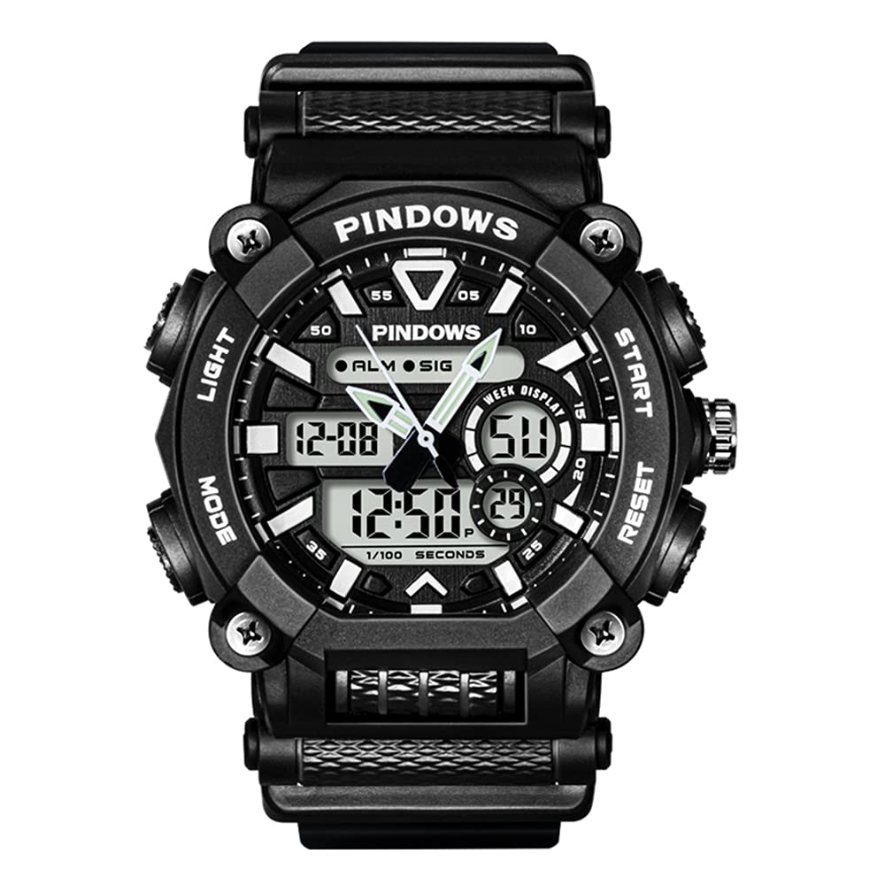 PINDOWS Men's Digital Watch - Sporty, Dual-Display, Waterproof, Alarm, Stopwatch, Calendar, Dual-Time, Multifunctional - PDS-621