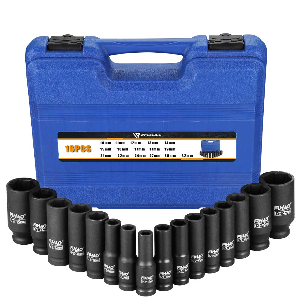 FUHAO 1/2-inch Drive Deep Impact Socket Set, 16 Piece Metric Socket Sets, 6 Point, 10-32mm, Cr-V Steel, Heavy Duty Storage Case