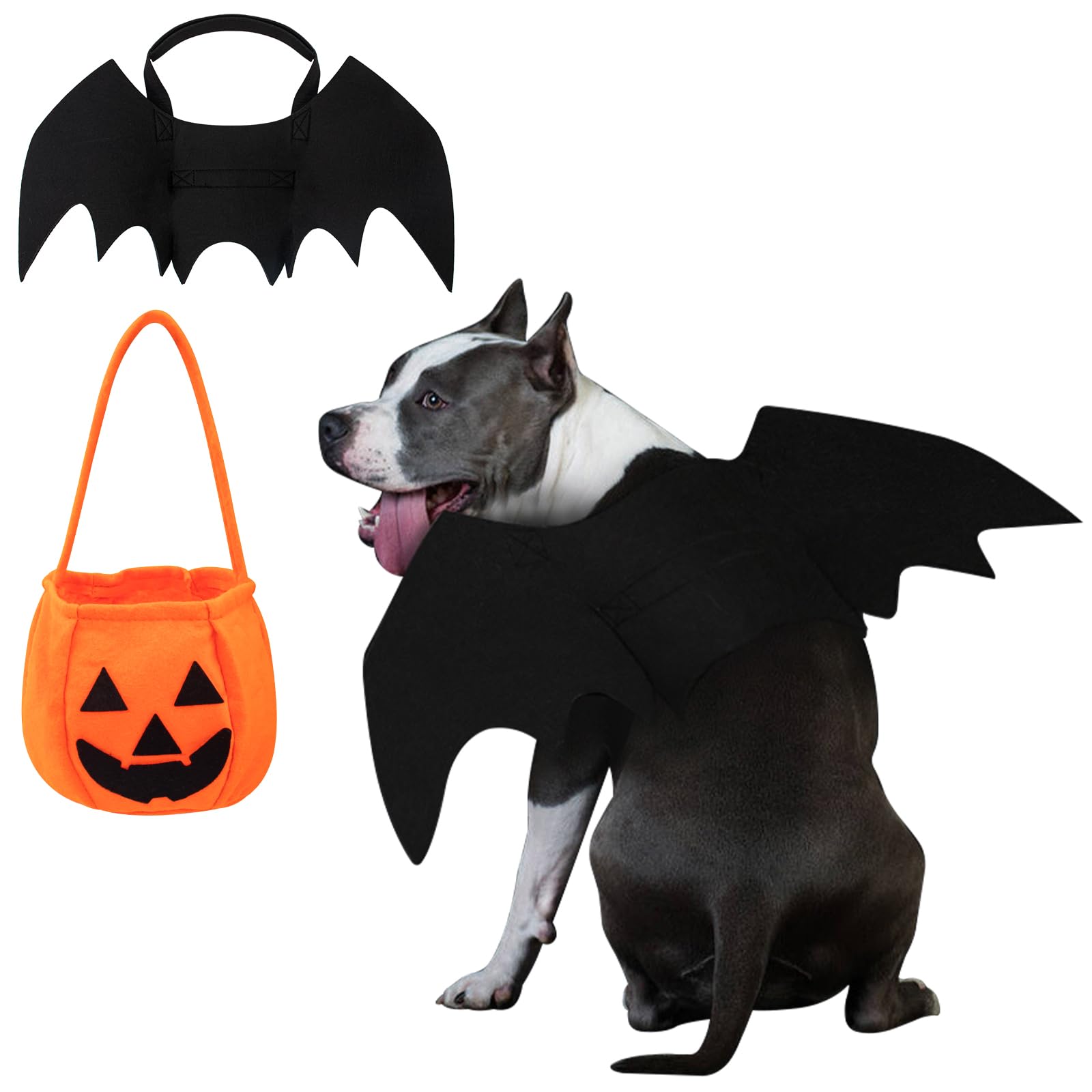 Photo 1 of Dog Bat Costume Dog Halloween Costume, Dogs Bat Wings Costume Halloween Pet Wings, Bat Wings Cosplay Costume Pet Bat Wings for Dogs Halloween Party with Pumpkin Candy Bags for Trick or Treat
