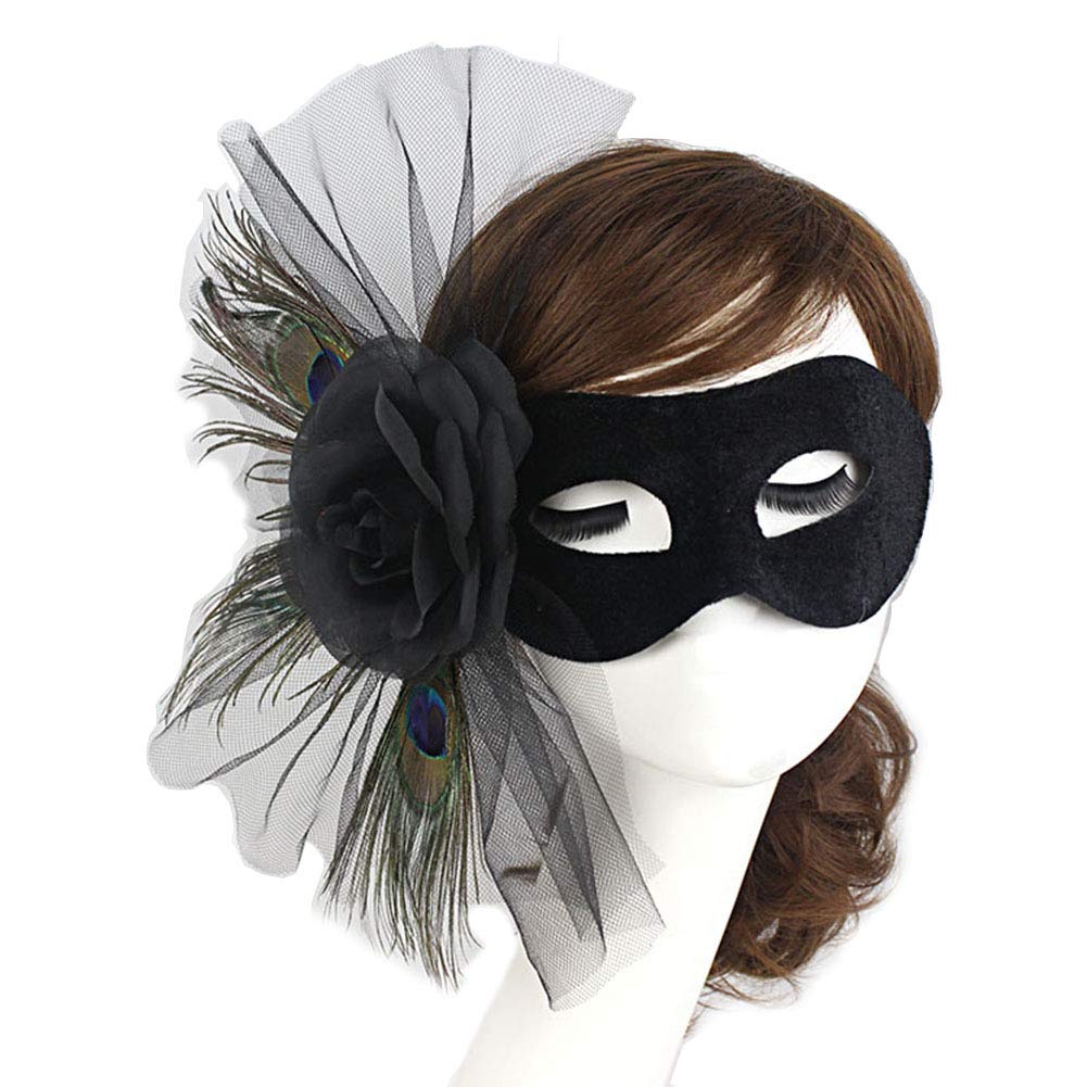 LONTG Women Venetian Mask with Peacock Feather and Flower Halloween Party Cosplay Costume Mardi Gras Mask Carnival Eye Mask for Fancy Dress Halloween Christmas Costume Party