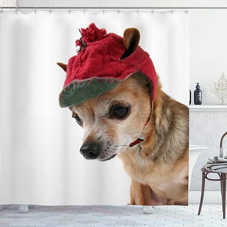 Amazon Kapanou 防水 シャワーカーテン コスチュームかわいいチワワ冬の帽子動物野生動物頭小さな犬 かわいいシャワーカーテン ユニットバス バスルーム 芸術の装飾 180cmx180cm バスフック付き 取り付け簡単 シャワーカーテン ホーム キッチン オンライン通販