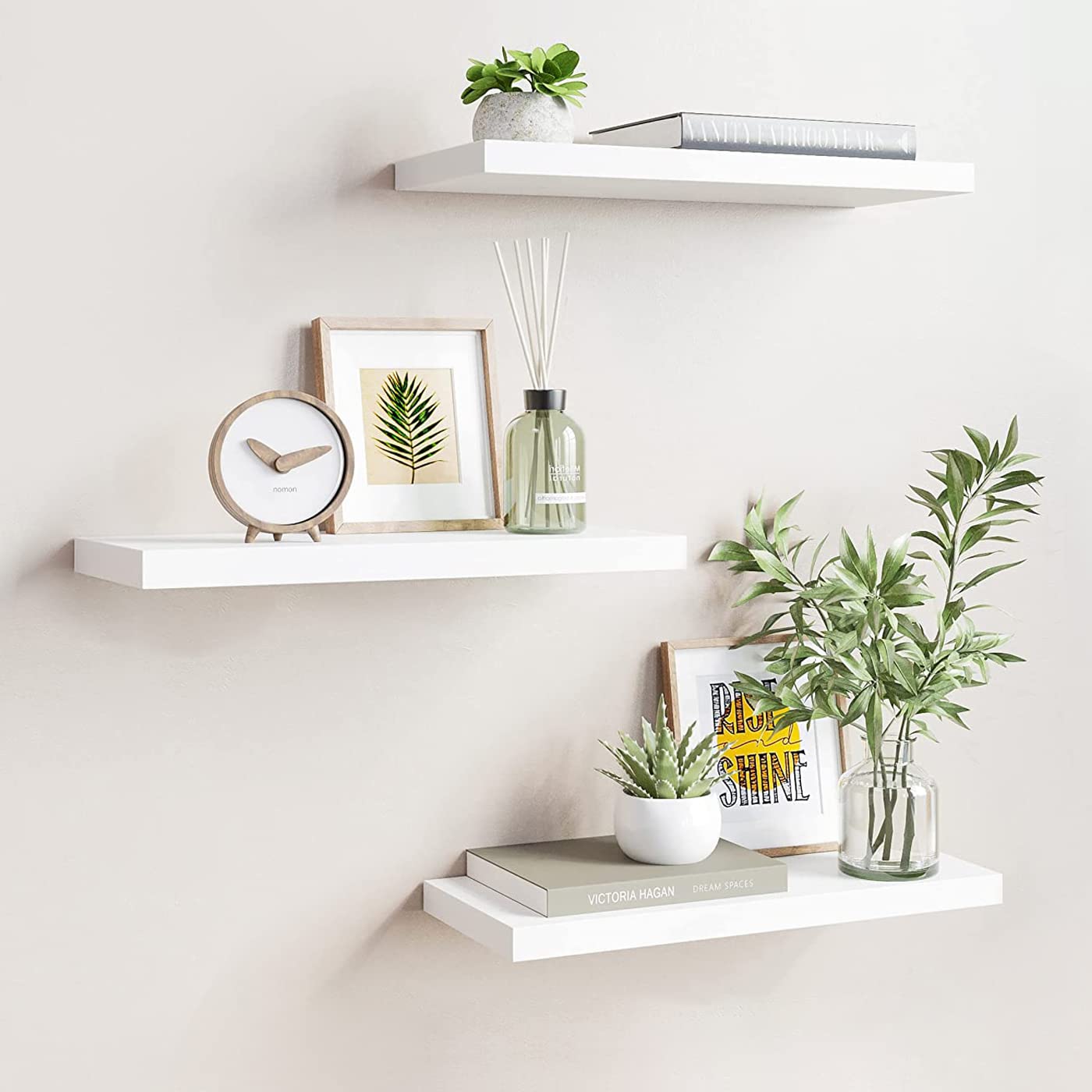 aimu Set of 3 Floating Shelves,Wall Mounted Storage Shelf,White Finish Wall Mount Shelf Sets.Wood Wall Shelves for Decor and Display,Be Usecfor Kitchen, Bathroom,Living Room, Bedroom and More.