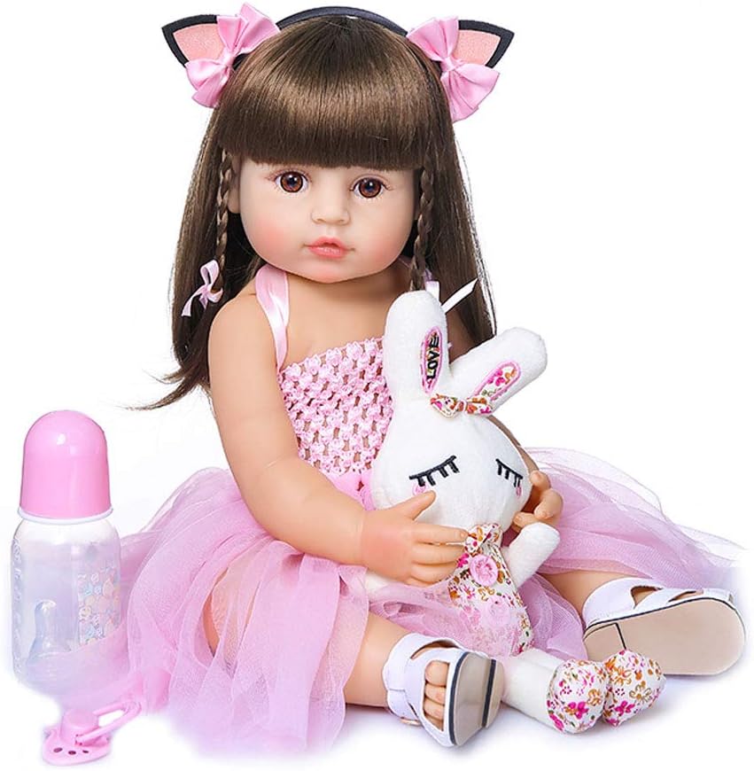 TINGSHOP 55Cm Reborn Dolls Baby Long Hair Princess Pink Very Soft Full Body Silicone Girl Doll Toddlers Xmas Gift Toys for Children Magnet Pacifier for Age 3+