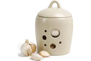 BosilunLife Garlic Keeper for Counter - Ceramic Garlic Storage Container with Lid Beige Garlic Holder Countertop for Kitchen 