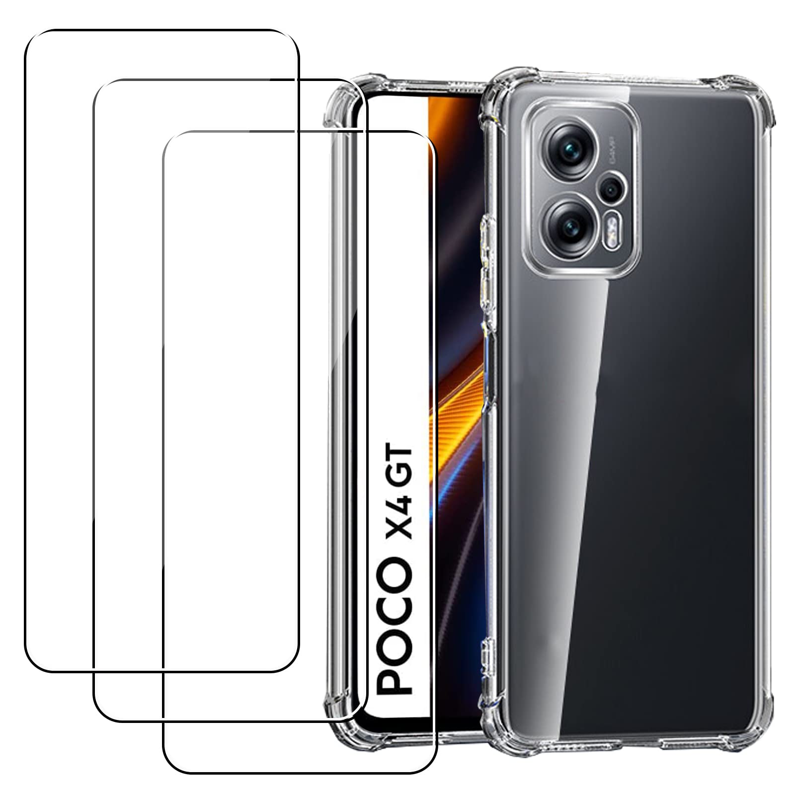 KZIOACSH Clear Case for Xiaomi Poco X4 GT 5G, Ultra Thin Crystal Anti-Scratch Bumper Cover Reinforced Corner Shockproof Transparent Phone Case with 3 Tempered Glass Screen Protector for Poco X4 GT 5G