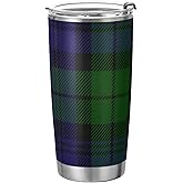 Yasala Tumbler Tartan Plaid Green Blue Insulated Coffee Cup Beverage Container Travel Mug with Straw and Lid Double Wall Stainless Steel 20oz BPA-Free for Sport, Back to School