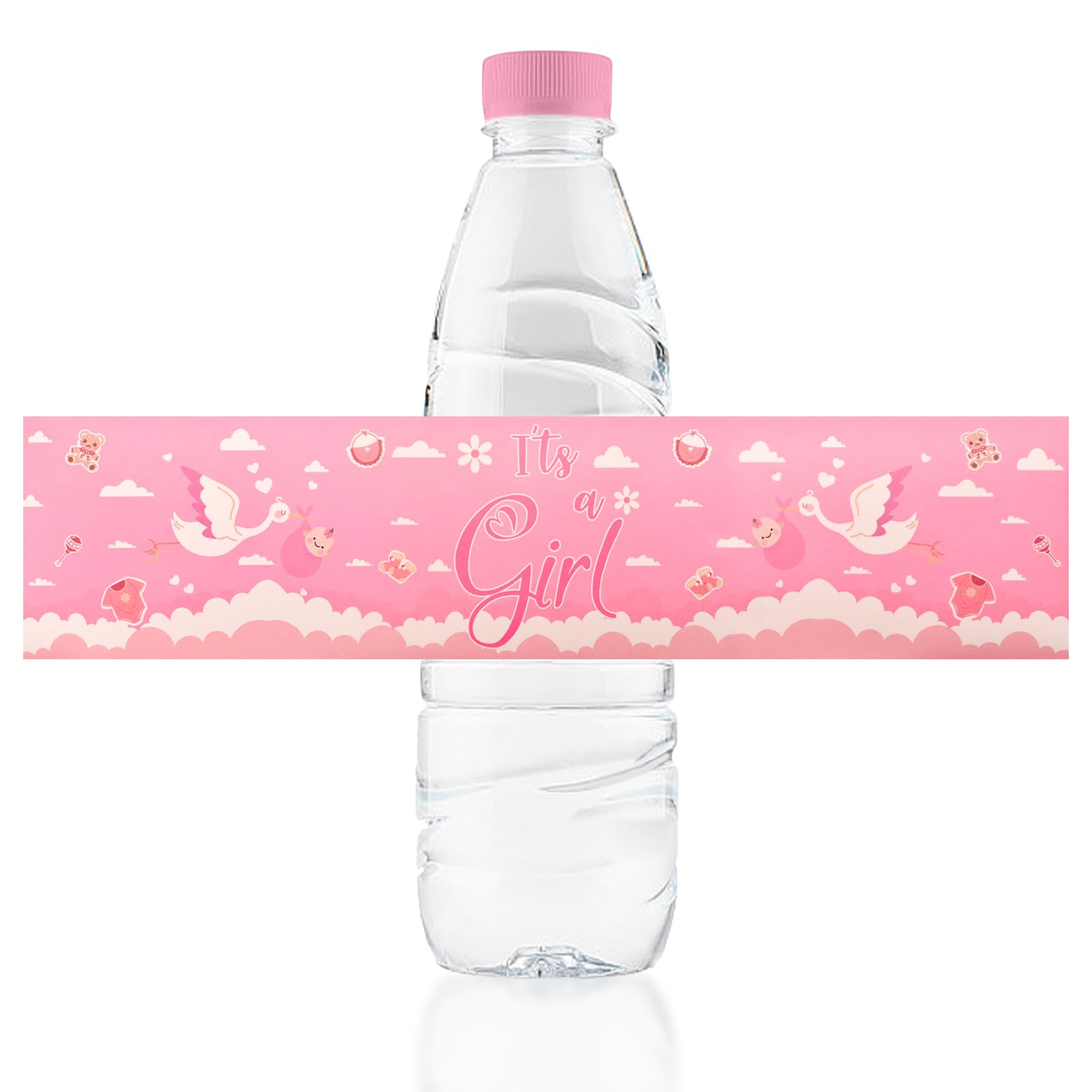 URROMA Baby Shower Water Bottle Labels, 48 Pcs Pink Water Bottle Wrappers Baby Gender Reveal Water Bottle Labels Stickers for Girls