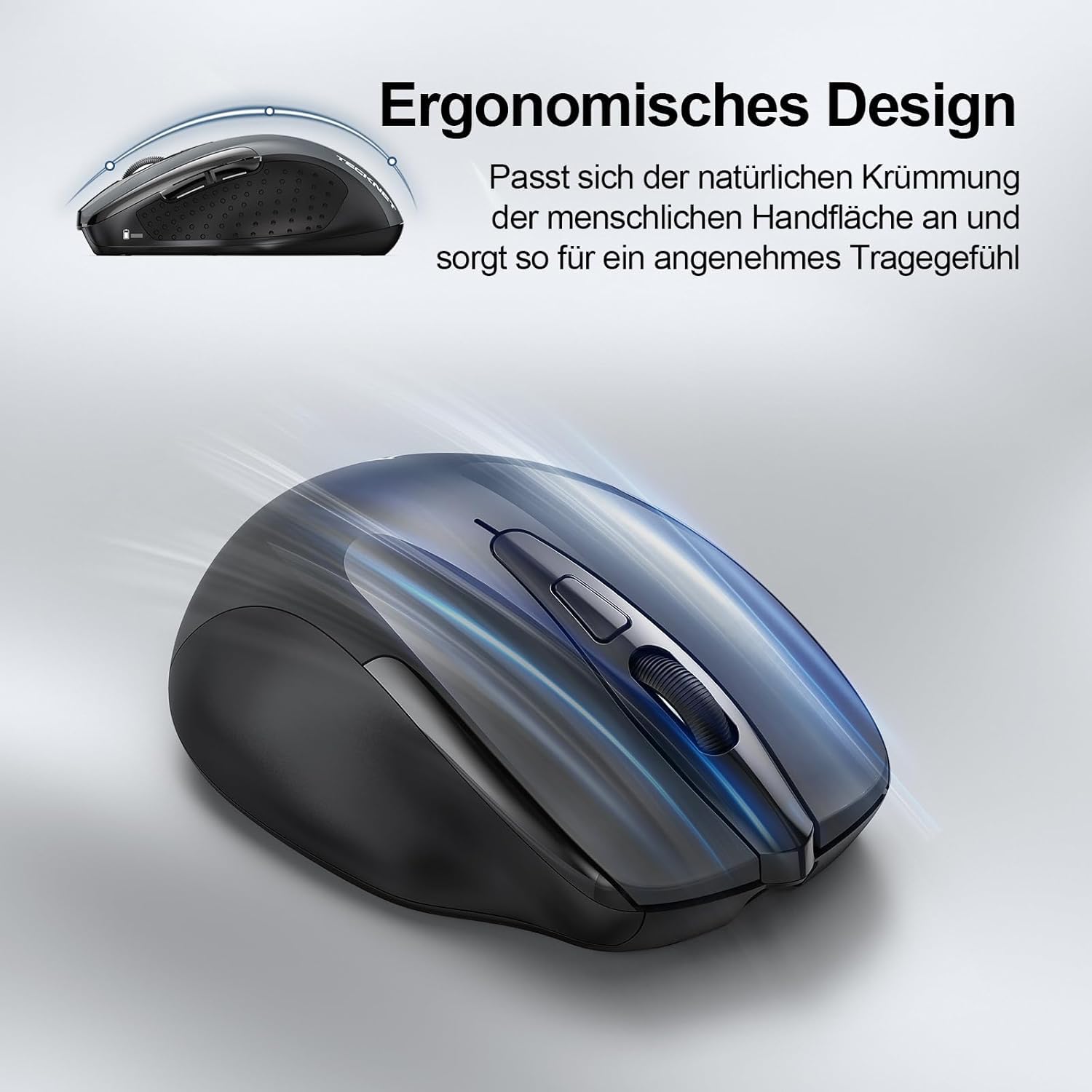 TECKNET Bluetooth Maus, Wiederaufladbare Maus Kabellos(DREI Modi: BT 5.0/3.0 + 2.4G), 4800 DPI, Ergonomische Leise Funkmaus für Laptops, Mac OS, Android, Windows, Grau 7