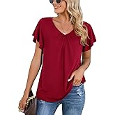 Iandroiy Women's Casual Shirred V-Neck Top Ruffle Short Sleeve Shirts Basic Pleated Top